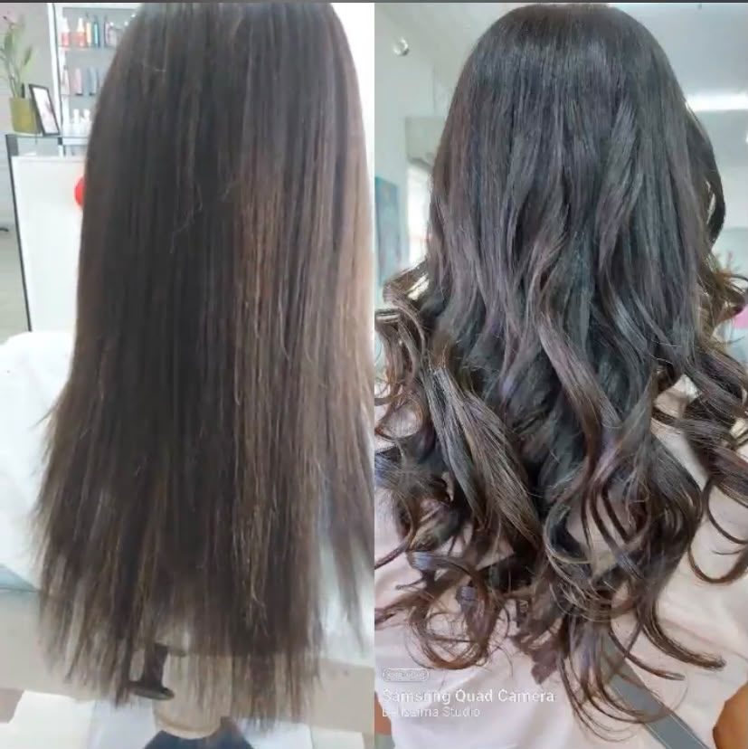 Comparação lado a lado de cabelo castanho liso e depois ondulado