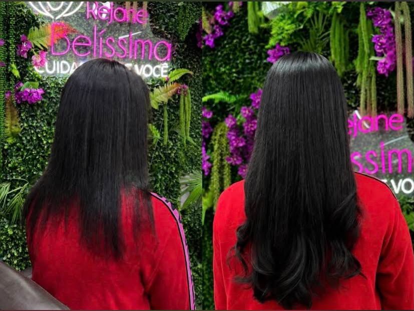 Comparação lado a lado de cabelo preto antes e depois do atendimento